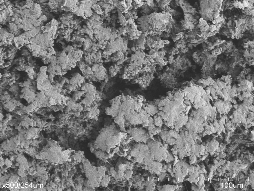This is a scanning electron microscope image of sintered PTFE. 