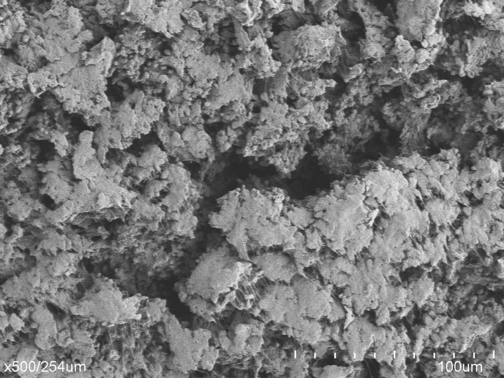 This is a scanning electron microscope image of sintered PTFE porous membrane. 