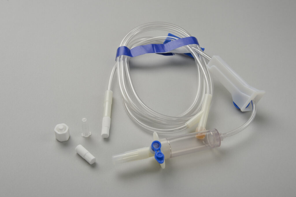 Porous filter made with filtration media used in IV infusion set to protect against contamination.